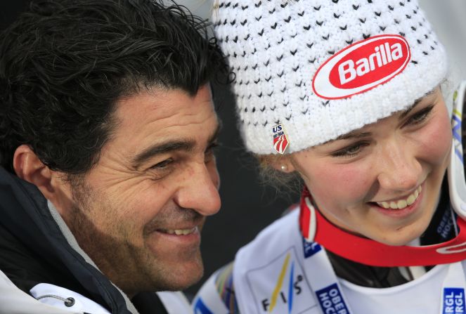 Tomba congratulates Mikaela Shiffrin of the United States after her victory in the women's slalom at the 2013 World Championships in Schladming.  