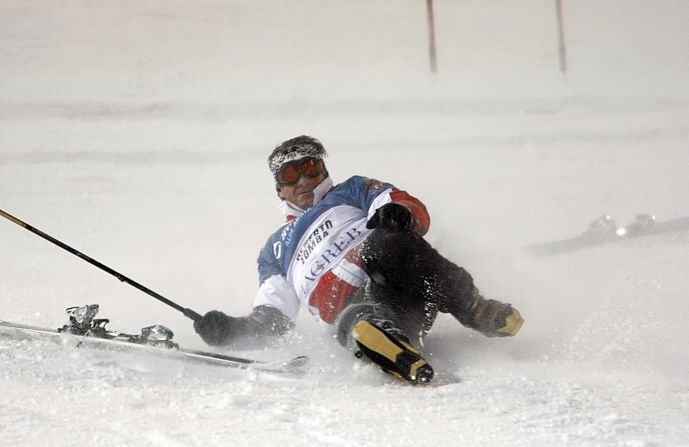 Tomba suffers an undignified fall during a charity race in Croatia in 2008.