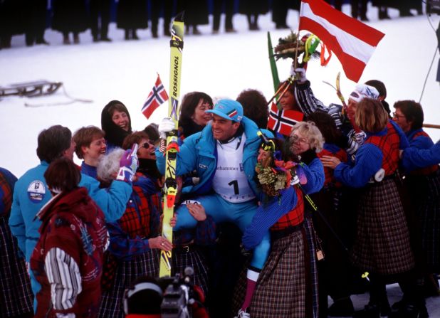 Tomba is mobbed by adoring fans after a sensational second leg saw him claim the slalom silver medal at the 1994 Winter Olympics in Lillehammer, Norway.