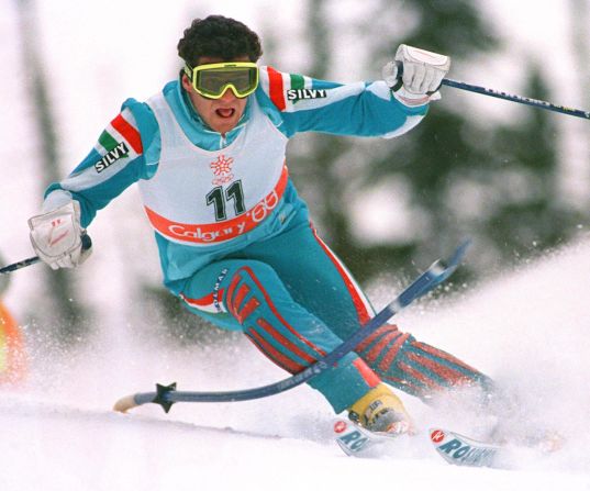 Tomba on his way to gold at the 1988 Winter Olympics in Calgary, where he won the slalom and giant slalom crowns.