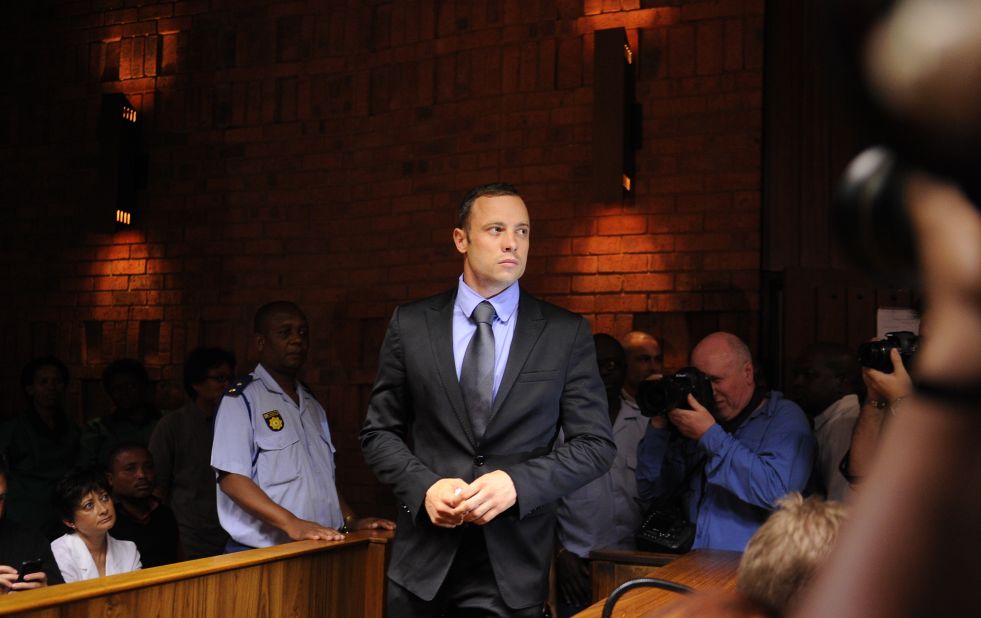 South African Olympic sprinter Oscar Pistorius appears on February 21, 2013 at the Magistrate Court in Pretoria, charged with the murder of his model girlfriend Reeva Steenkamp on February 14.