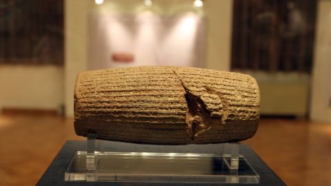 The Cyrus Cylinder is put on display at the National Museum of Iran in Tehran on September 12, 2010. 