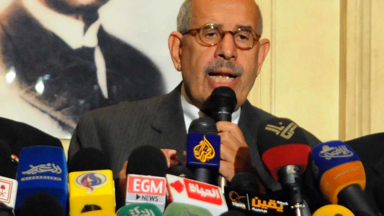 Egyptian opposition leader Mohamed ElBaradei is pictured at a press conference in Cairo on January 28.