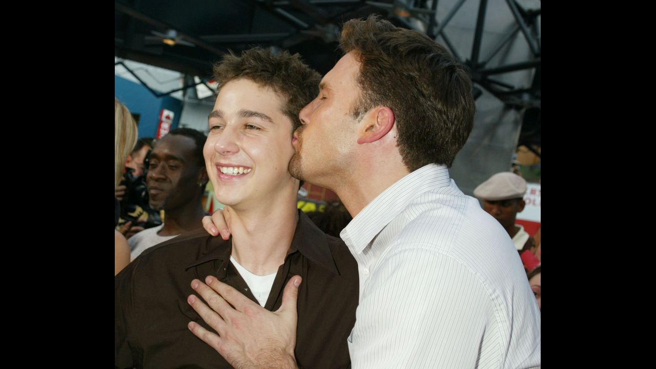 Affleck kisses Shia LaBeouf at the premiere of "The Battle of Shaker Heights," a film he and Matt Damon executive produced in 2003.