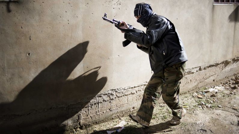 A rebel takes position in Al-Qsair on January 27.
