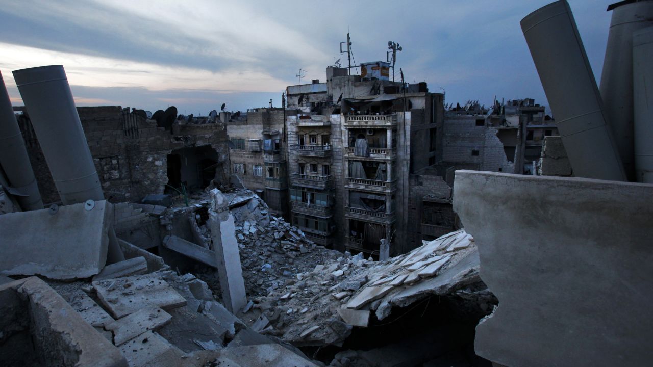 Damaged houses in Aleppo are seen after an airstrike on November 29, 2012.