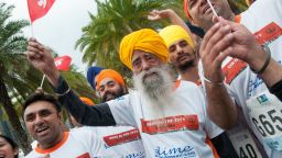 Fauja Singh, 101-years-old, participates in the 10K run, during the 2013 Hong Kong Marathon on February 24, 2013 in Hong Kong.