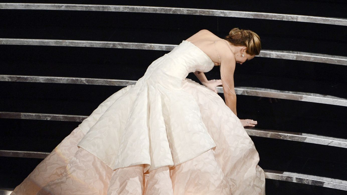Only Jennifer Lawrence can make tripping on her way to receive the best actress award for "Silver Linings Playbook" during the Oscars in 2013 look like a magazine ad, but the fall is a definite shocker.