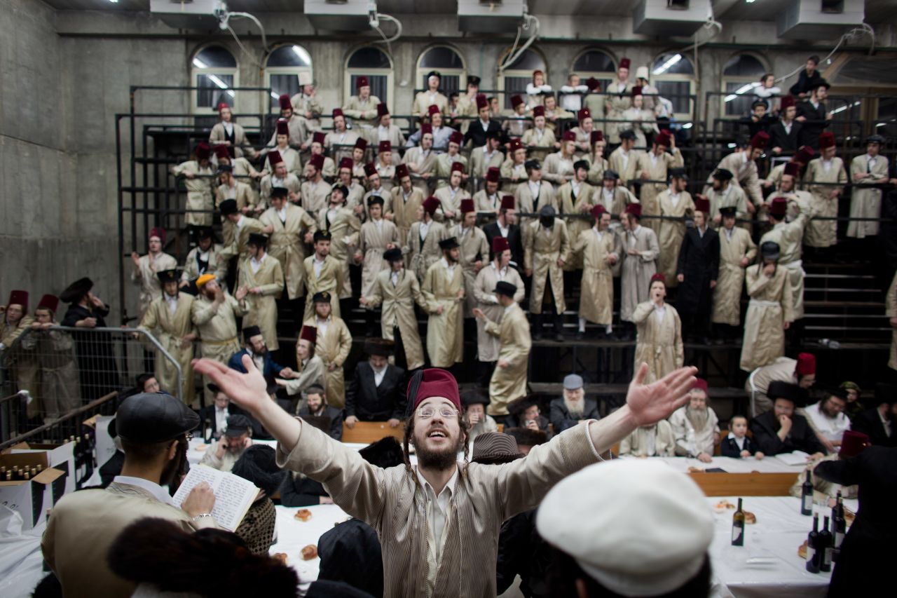 Ultra-Orthodox Jews from the Lelov Hasidic sect, celebrate the Jewish festival of Purim on February in Beit Shemesh, Israel. 