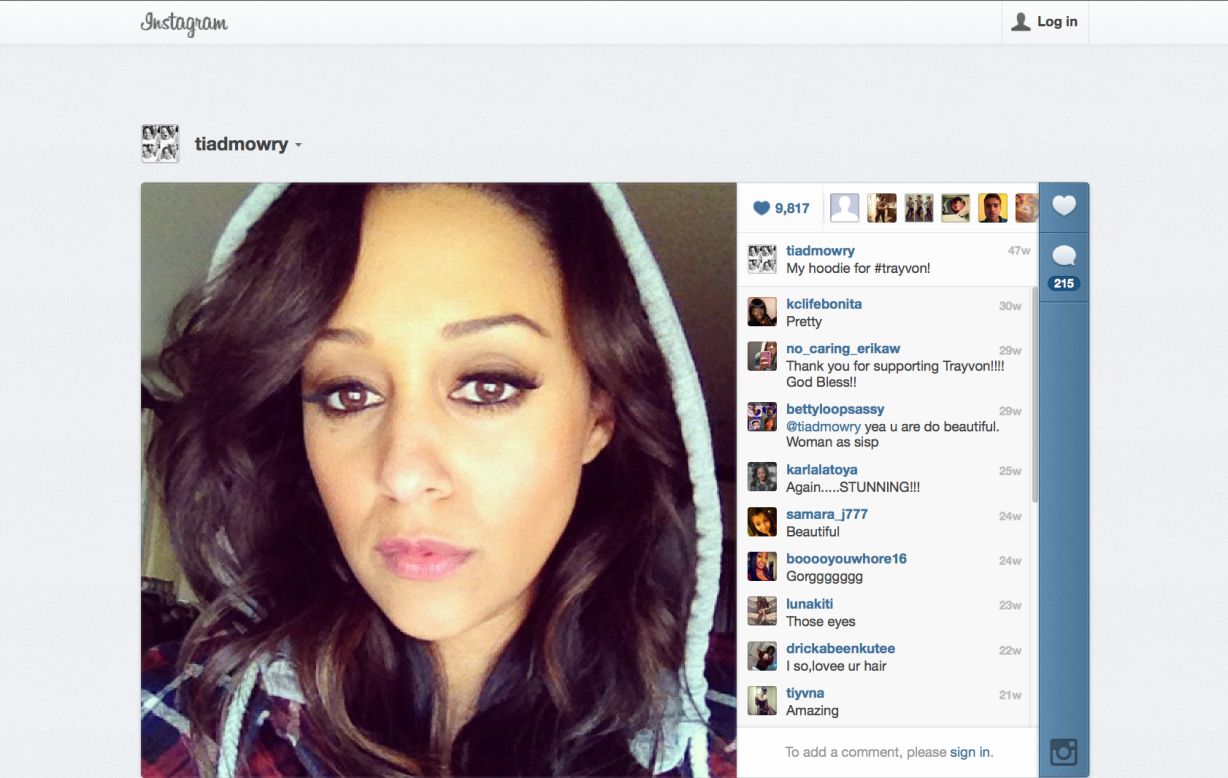 Actress Tia Mowry posted this photo on her Instagram account, writing, "My hoodie for #trayvon!"