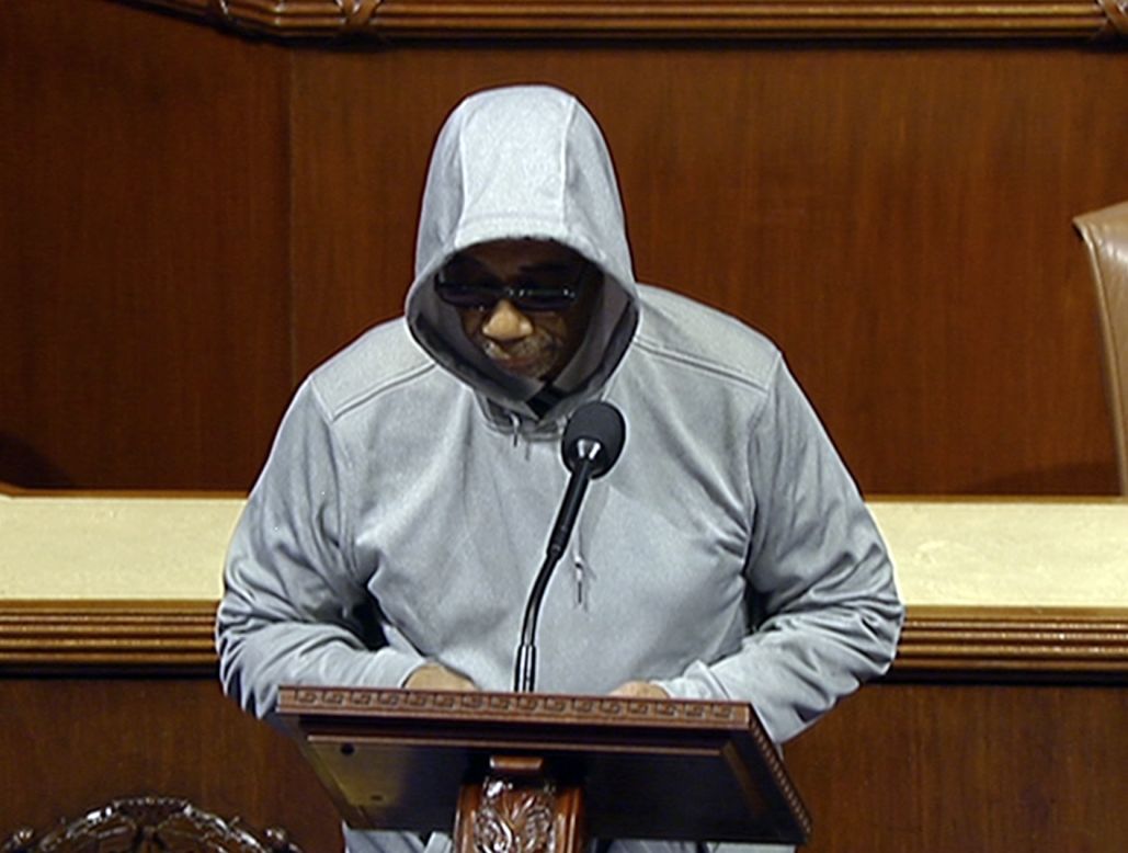 Rep. Bobby Rush Il wore a hooded sweatshirt on the floor of the House on Capitol Hill on March 28 during a speech deploring the killing of Trayvon Martin. He received a reprimand for violating rules on wearing hats in the House chamber.