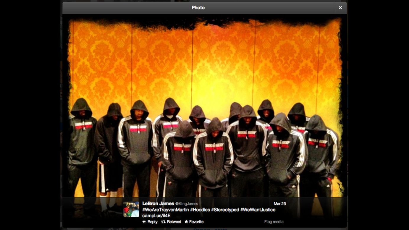 As outrage grew over the death of an unarmed Florida teenager last year, some donned hoodies as a nod to the apparel Trayvon Martin was wearing when he was killed. Church members, protesters, politicians, celebrities and athletes wore it in support of Martin. In this widely shared photo, LeBron James and members of the Miami Heat basketball team wear hooded sweatshirts. 