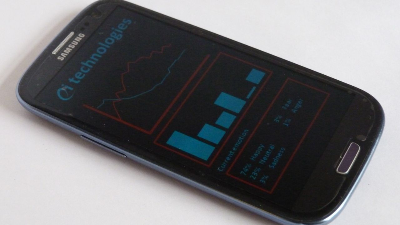 The Xpression app phone display, with the bottom box detailing the emotion analyzed as present in the speech sample.