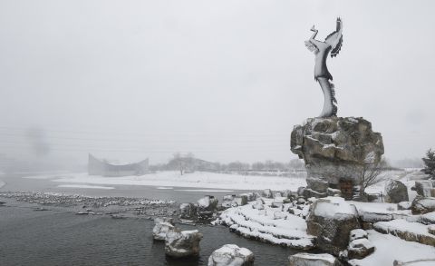 The "Keeper of the Plains" statue is blanketed with snow in Wichita, Kansas, on February 25. 