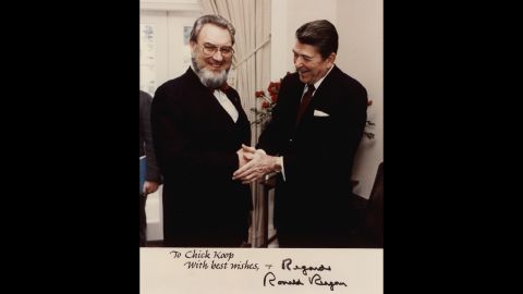 A photograph signed by President Reagan contains the inscription "To Chick Koop, With Best Wishes." Chick, from chicken coop, was the nickname Koop earned while attending Dartmouth College in the mid-1930s. Koop maintained a cordial relationship with Reagan despite his disappointment over Reagan's refusal to address the growing AIDS epidemic.