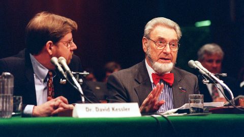 Sitting next to former FDA Commissioner David Kessler, Koop testifies at the hearing on tobacco settlement legislation on April 20, 1998. The settlement collapsed when Congress failed to enact its provisions that year.