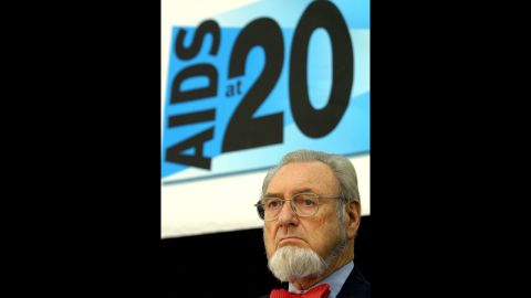 Koop attends an AIDS policy symposium in Washington on June 5, 2001. He was well-known for his work in HIV/AIDS awareness. He wrote a brochure about the disease that was sent to 107 million households in the United States in 1988.