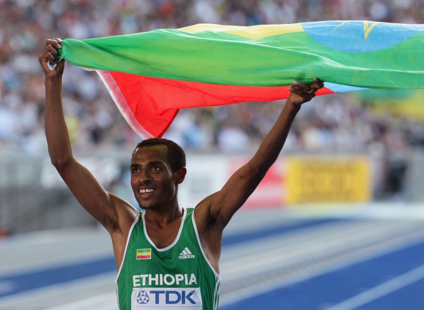 Kenenisa Bekele, who was also coached by Eshetu, is now the world record holder in the 5,000 meters and 10,000 meters. Here, he celebrates winning the gold medal in the 5,000 meters final at the IAAF World Athletics Championships in Berlin, Germany, in 2009.