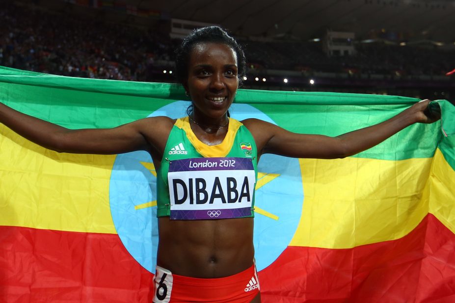 Amongst them is three-time Olympic champion Tirunesh Dibaba. Here, the Bekoji-born runner celebrates winning gold in the 10,000 meters at the London 2012 Olympic Games.