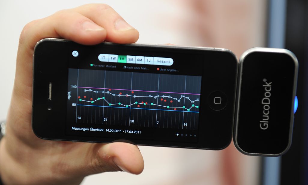 GlucoDock plugs into an iPhone and allows users to check bloodsugar levels on the go. For diabetics, the device can keep a diary of bloodsugar levels before and after meals, and directly provide feedback and analysis.
