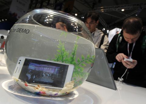 Chinese tech giant Huawei exhibits its water-resistant Ascend D2 smartphone in a fishbowl at their stand at the Mobile World Congress.