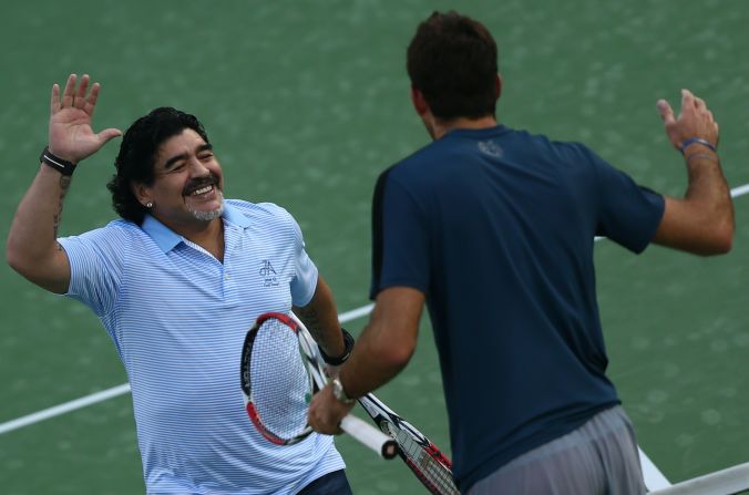 Maradona and del Potro embrace following the short cameo session. The former Barcelona and Napoli star, who is in Dubai on ambassadorial duties, left the court to huge applause for the watching spectators.