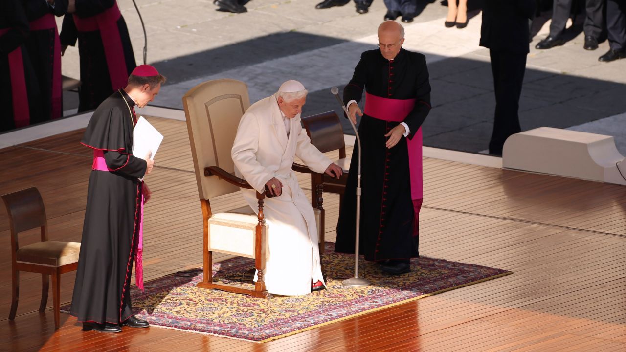 Benedict takes his seat on the dias in St. Peter's Square. In an unusually personal message, he said there had been "many days of sunshine" but also "times when the water was rough ... and the Lord seemed to sleep."
