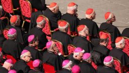Archbishops and cardinals sit in St Peter's Square as Pope Benedict XVI delivers his final weekly public audience.