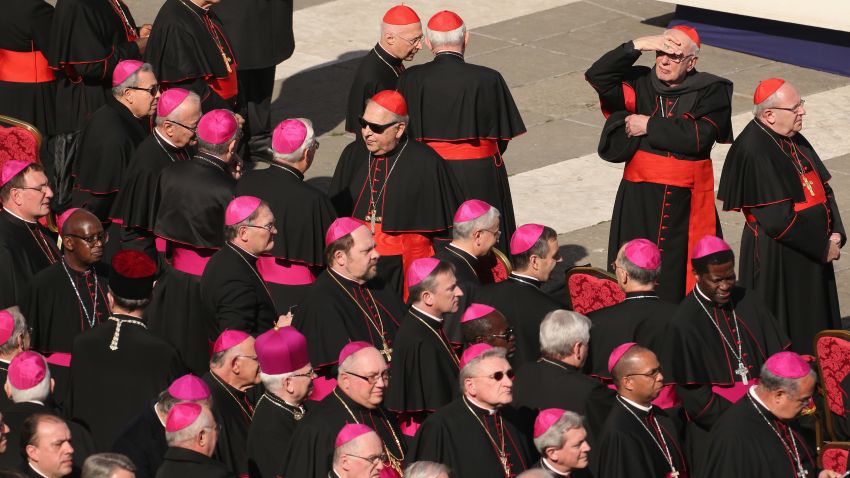Archbishops and cardinals wait in St Peter's Square before Pope Benedict XVI's final weekly public audience on February 27, 2013.