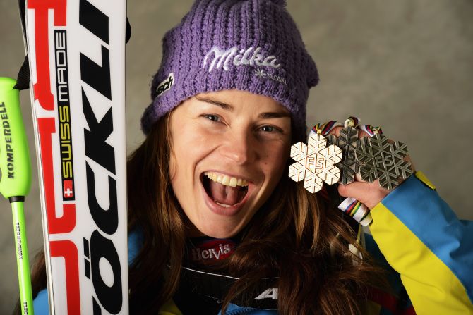 Maze shows off her gold medal from the super-G in Schladming.  