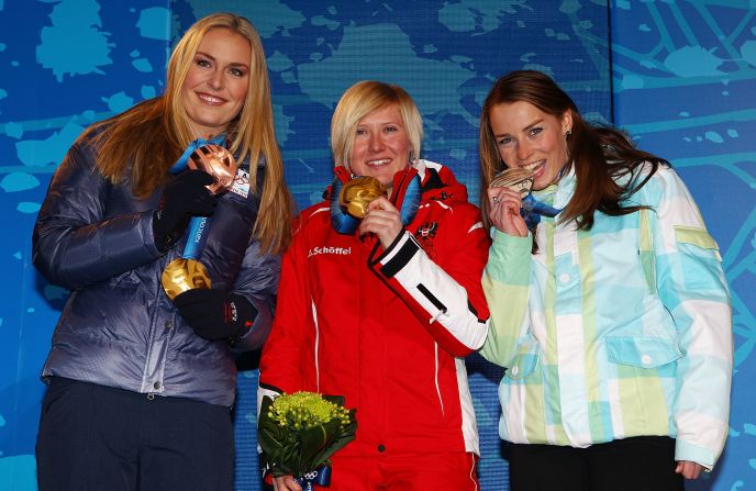 Maze and Lindsey Vonn flank Austrian gold medalist Andrea Fischbacher at the medal ceremony for the super-G at the 2010 Winter Olympics in Vancouver. Maze also won silver in the giant slalom.