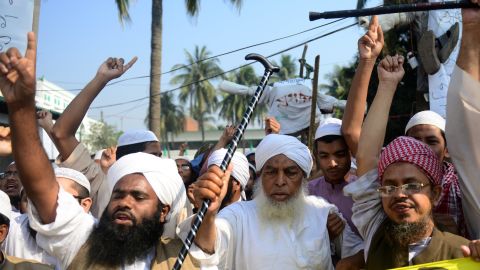 Supporters of Islamic political parties shout slogans inside a madrasa during a nationwide strike in Dhaka on February 2. 