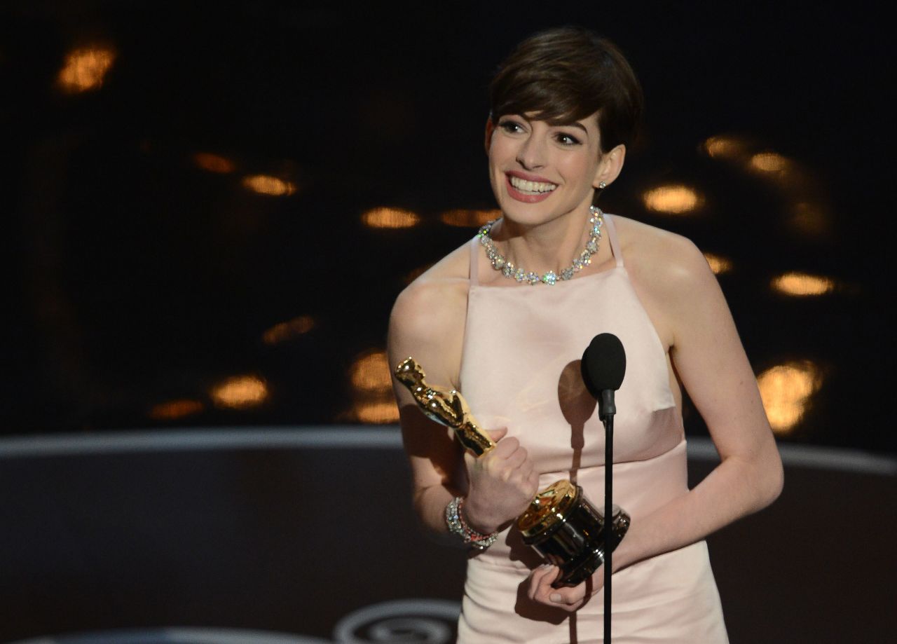 Love her or <a href="http://www.cnn.com/2013/02/28/showbiz/celebrity-news-gossip/anne-hathaway-hate/index.html">hate her</a>, Anne Hathaway has had quite the rise to stardom. Here she accepts her best supporting actress Oscar for her role as Fantine in "Les Miserables" on Sunday, February 24. Click through to see some other highlights of Hathaway's career: 