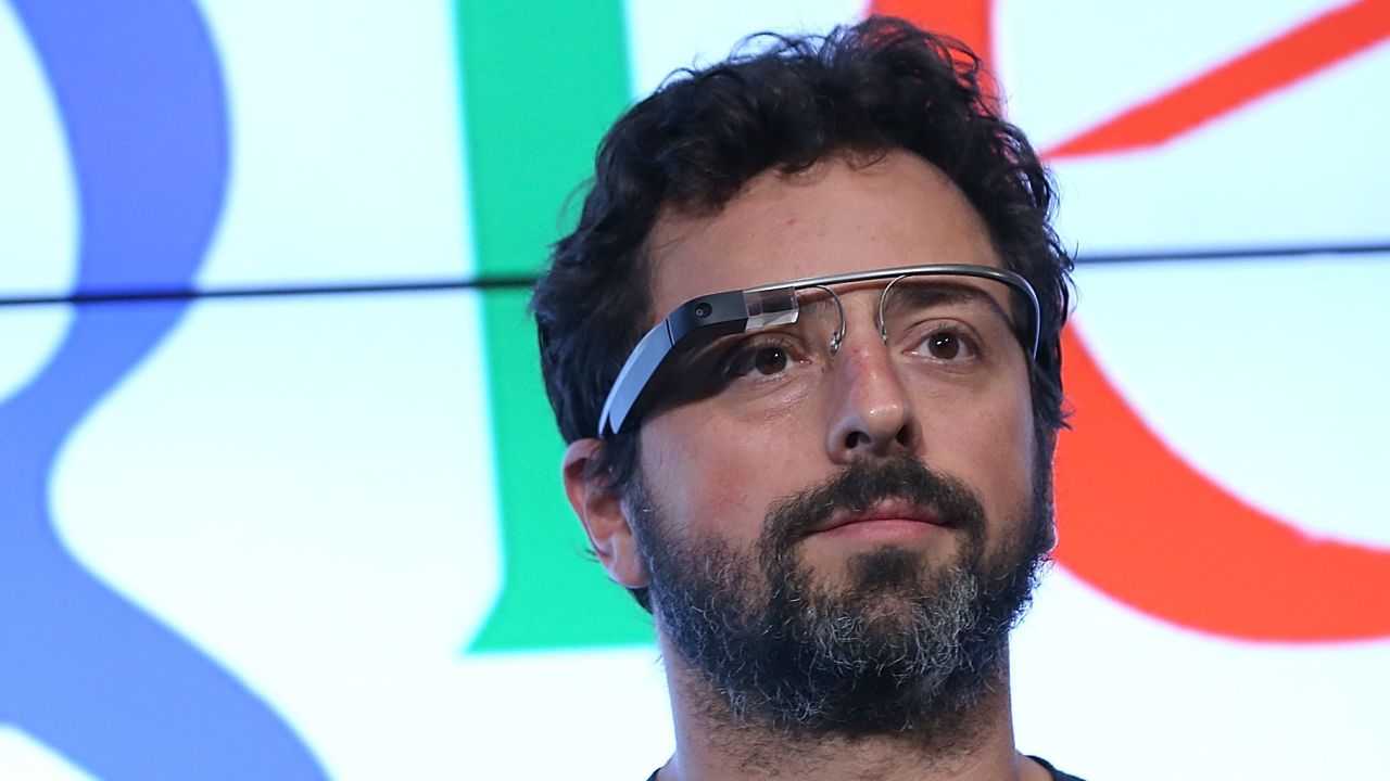Google co-founder Sergey Brin models the connected headset, which isn't expected to go on sale until late this year.