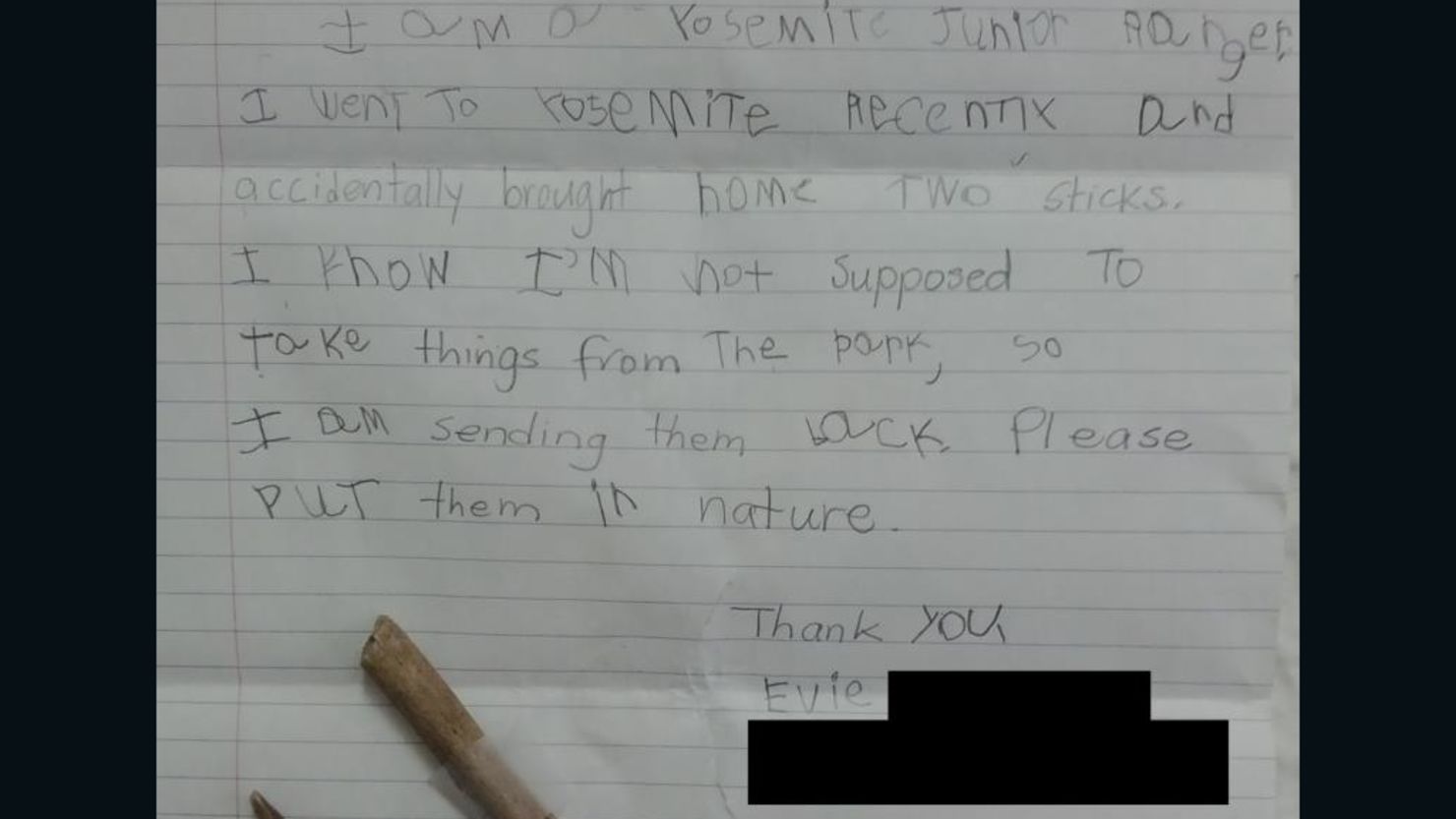 Yosemite Junior Ranger "Evie" returned two sticks she took from the park with a note asking they be returned to  nature. 