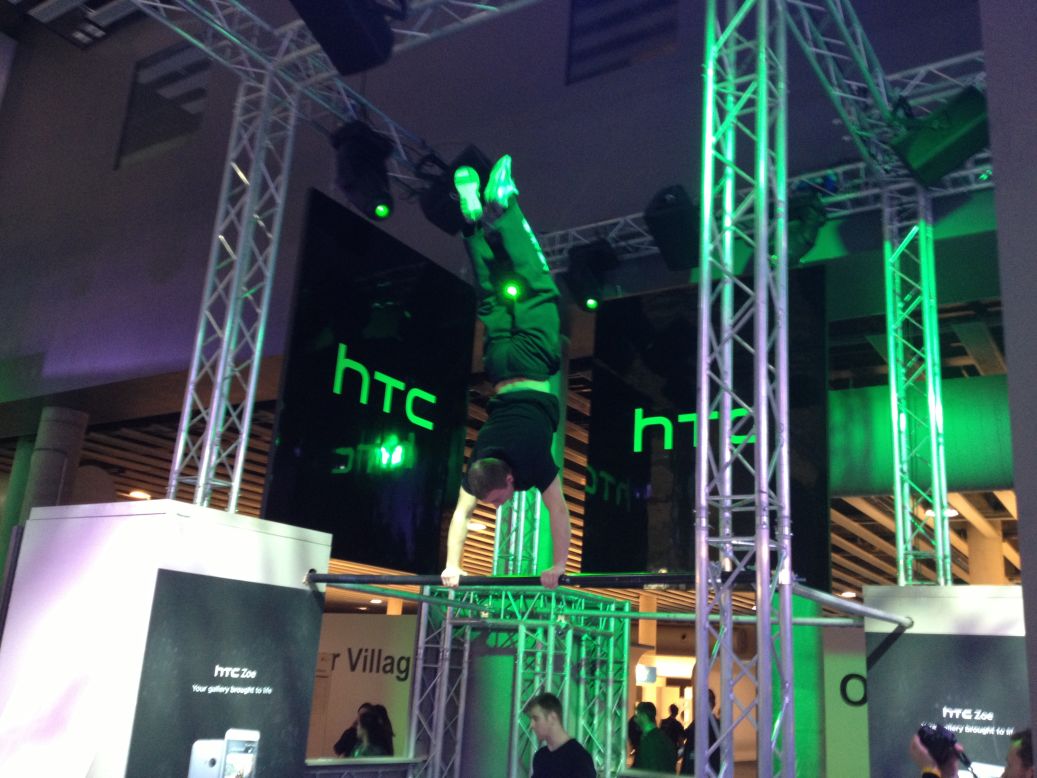 In the absence of any new phones, HTC offered acrobatic Parkour displays.