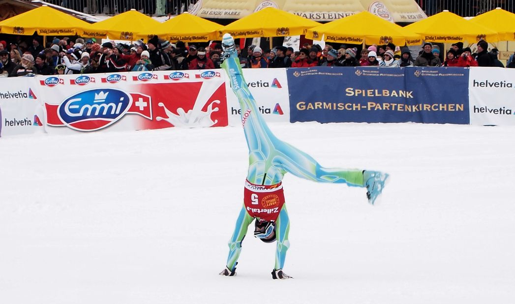 Maze shows her gymnastic talents with an impromptu cartwheel at a World Cup event in Germany. 