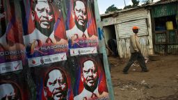 Campaign posters advertising presidential candidate and Prime Minister Raila Odinga in Nairobi's Kibera slum, February 27, 2013.