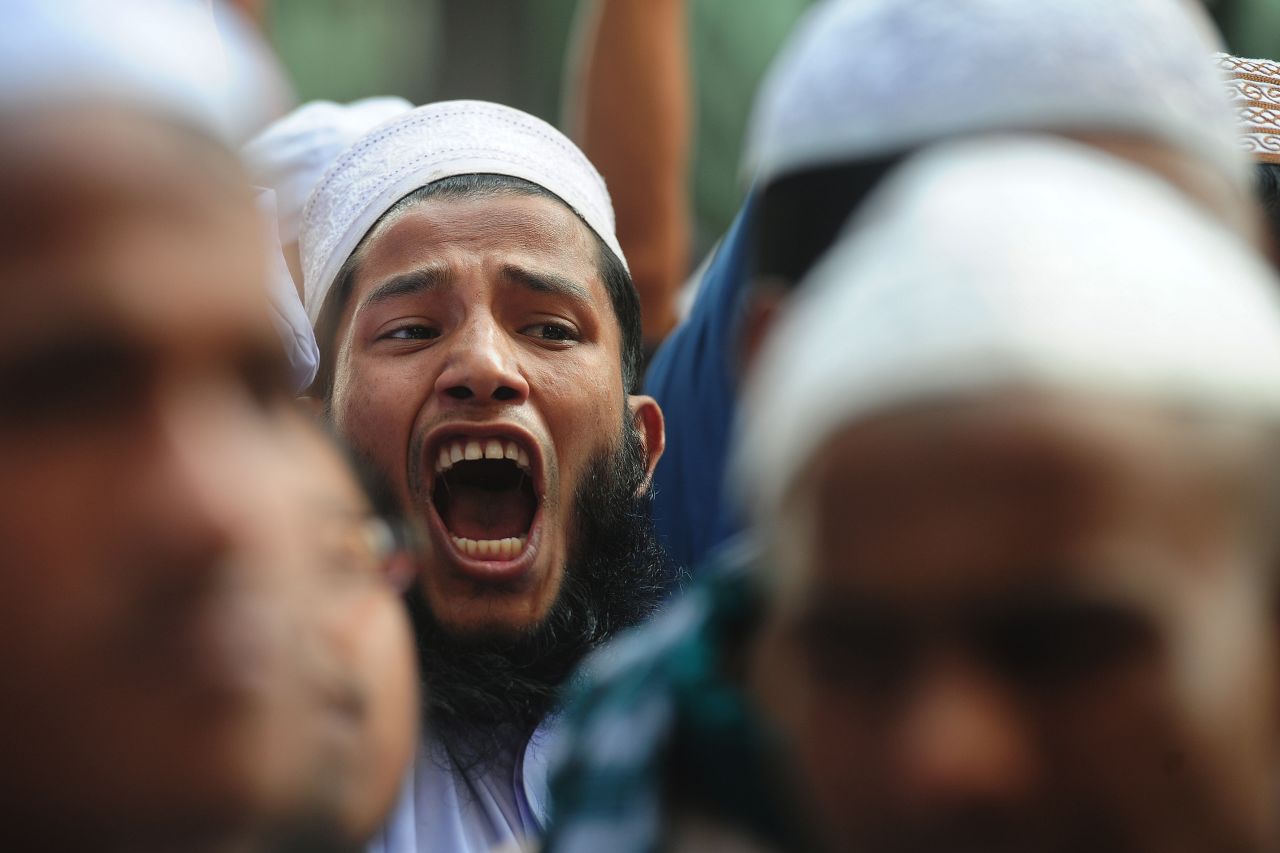 An Islamic party activist shouts during a rally in Dhaka on February 20.