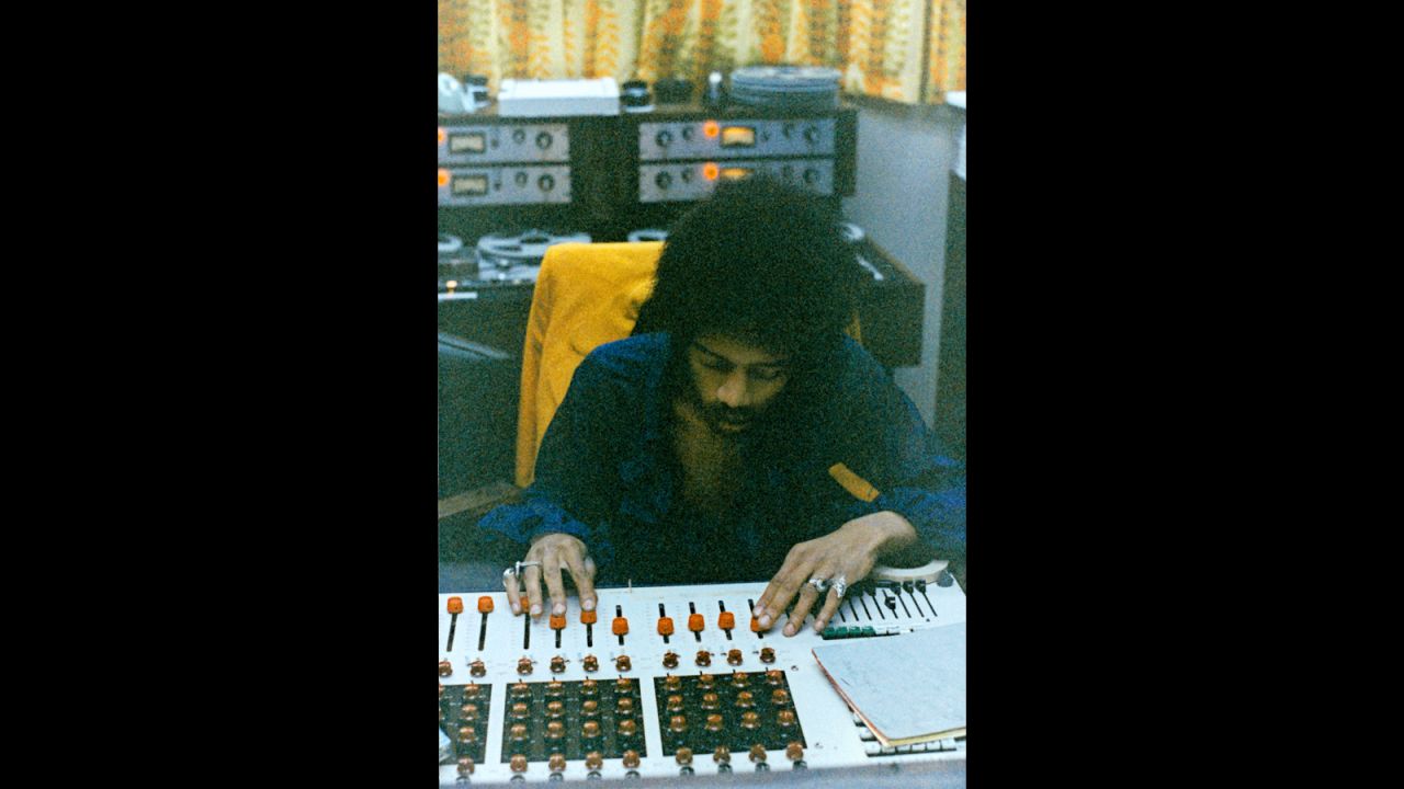 <strong>Hendrix works at the mixing board at the Record Plant in New York in 1968:</strong><br />"Jimi was totally into the technology of the day as demonstrated by his ability at the board. We often mixed together as a team, mostly ending in very creative collaborations or falling over laughing at the mess we had made of the sound. In fact '1983 (A Merman I Should Turn to Be)' was mixed as one complete take with two or three rehearsals beforehand." --<em> Eddie Kramer</em><br />
