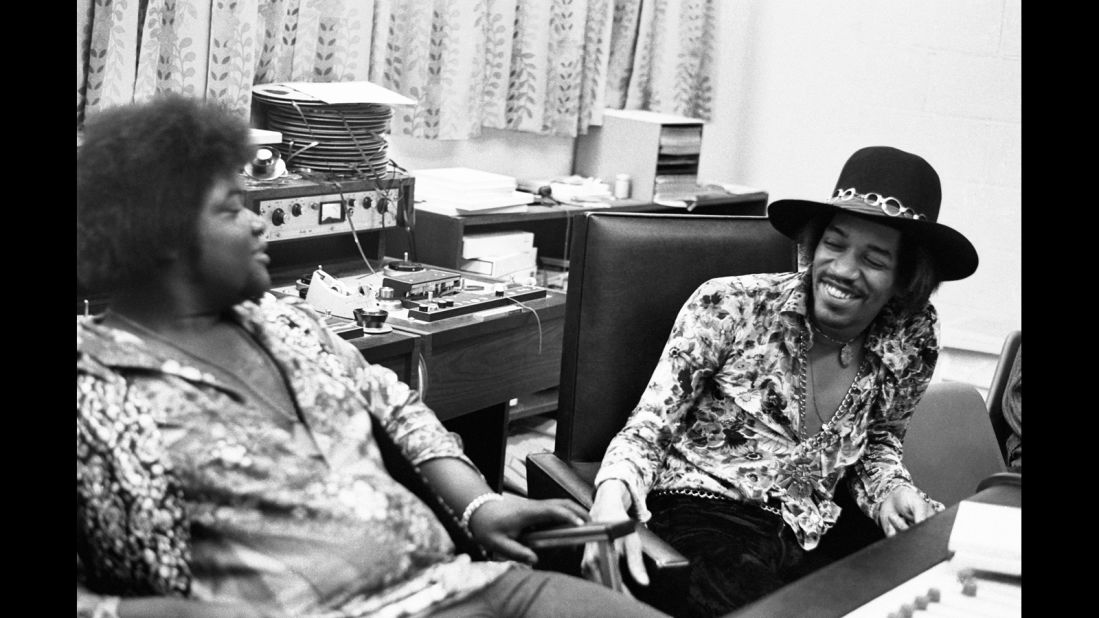 <strong>Hendrix and Buddy Miles at the Record Plant in New York in 1968:</strong><br />"Jimi had a longstanding warm relationship with Buddy Miles. In this photo Jimi and Buddy can hardly contain their laughter. One of Jimi's most endearing traits was his amazing sense of humor. Even though it was at times self-deprecating, Mitch (Mitchell), Noel (Redding) and myself were often the butt of his jokes ... all in the desire to keep the sessions loose!" --<em> Eddie Kramer</em>