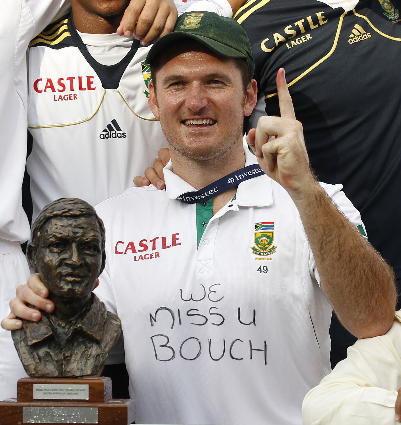 South Africa captain Graeme Smith celebrates with the Basil D'Oliveira trophy after taking the 2012 Test match series following victory over England.  