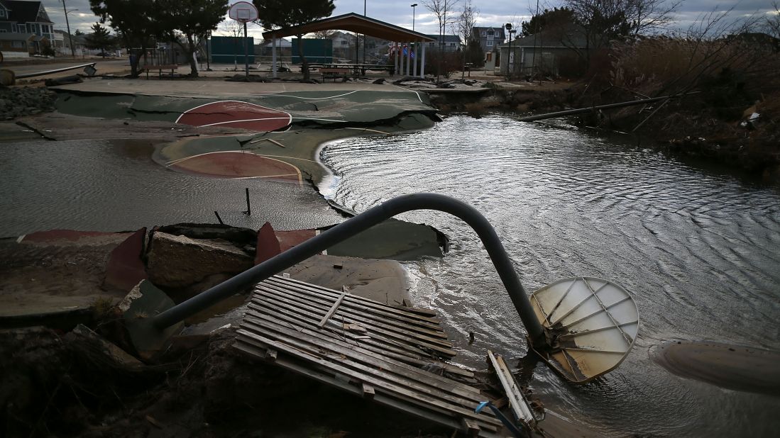 A basketball court in Ortley Beach, New Jersey, fell into a sinkhole caused by Superstorm Sandy in November 2012.