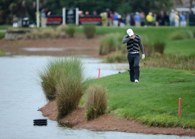 McIlroy looks crestfallen after finding the water again during his disastrous second round of the Honda Classic.