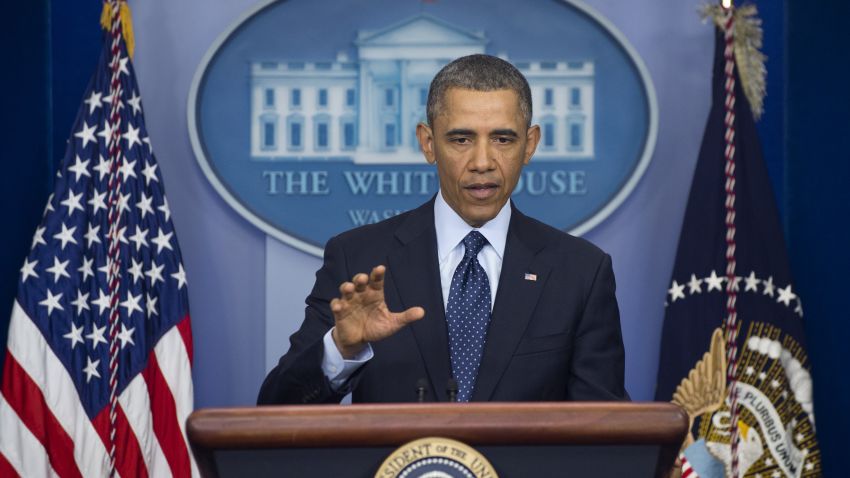 US President Barack Obama speaks to the media about sequestration in the Brady Press Briefing Room at the White House in Washington on March 1, 2013 following a meeting with US Speaker of the House John Boehner and Congressional leaders. 
