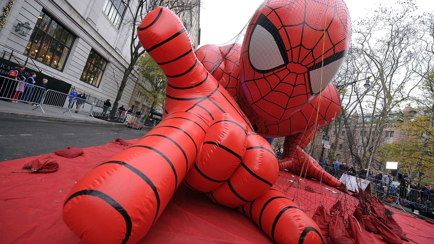 The Spider-Man balloon is getting prepared for the  Macy's Thanksgiving Day Parade in New York City. 