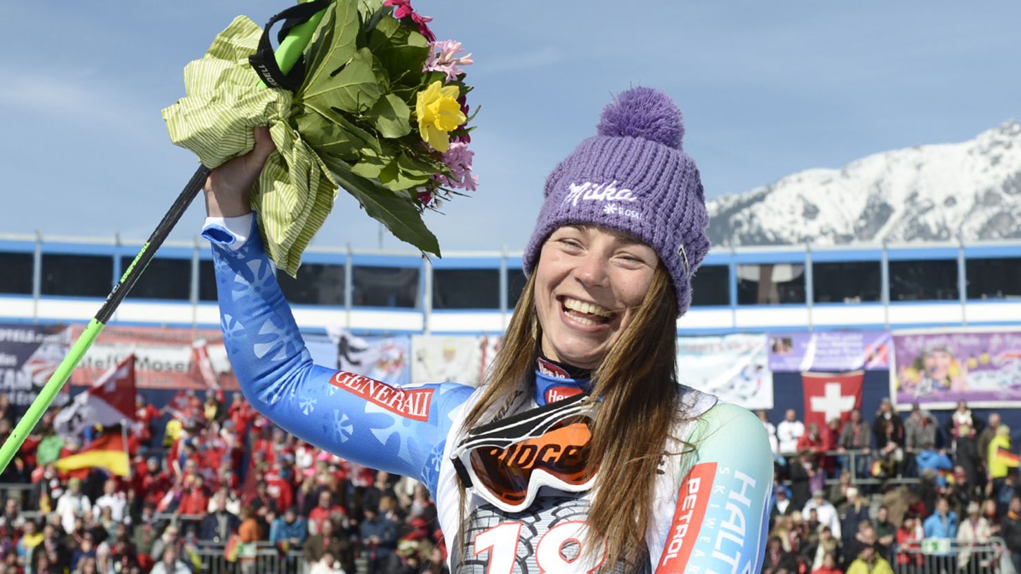 Tina Maze celebrates yet another World Cup win at the women's downhill in Garmisch, Germany.