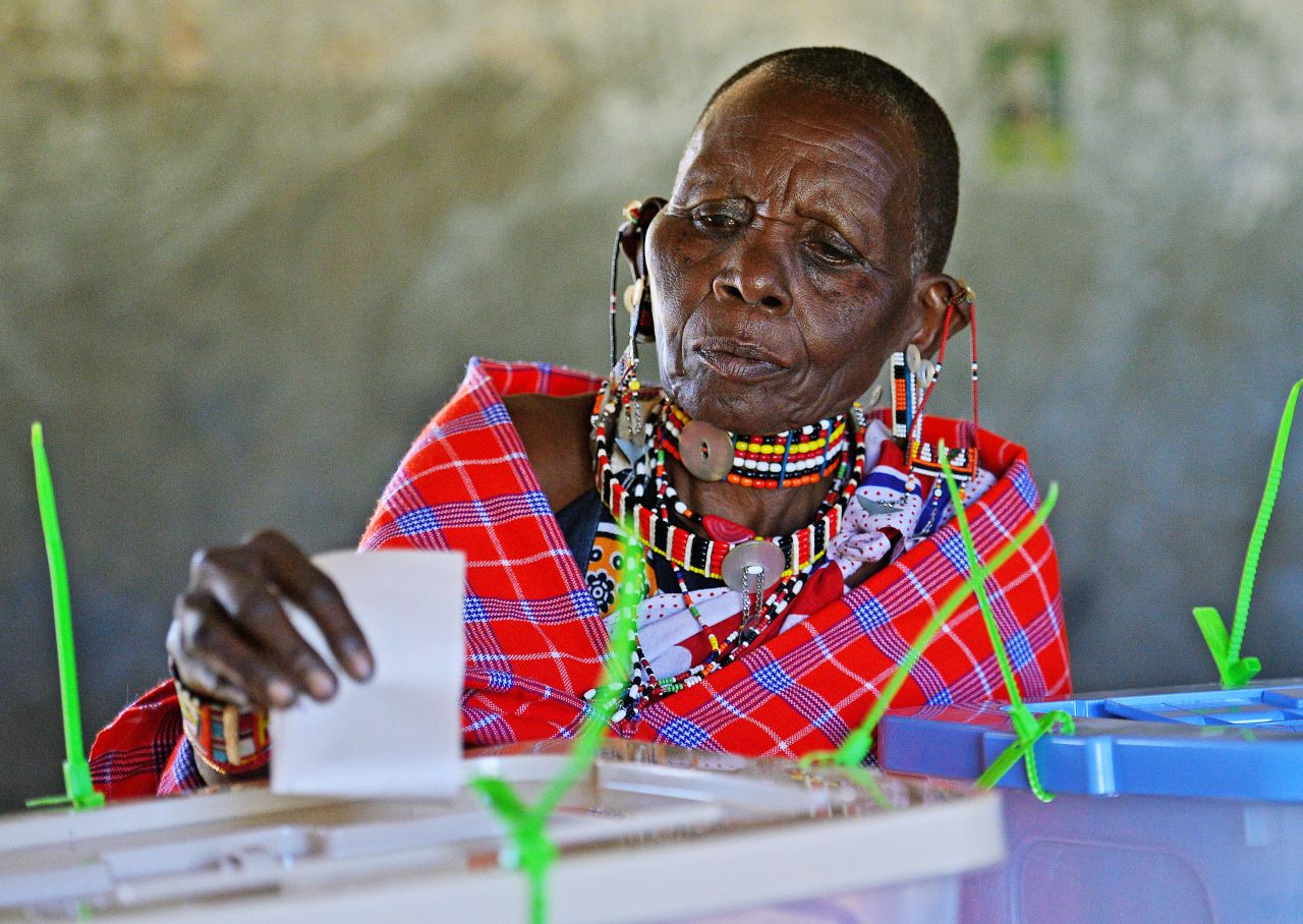 An elederly Maasai woman casts her vote in Ilngarooj, Kajiado County, Maasailand, on March 4, 2013.