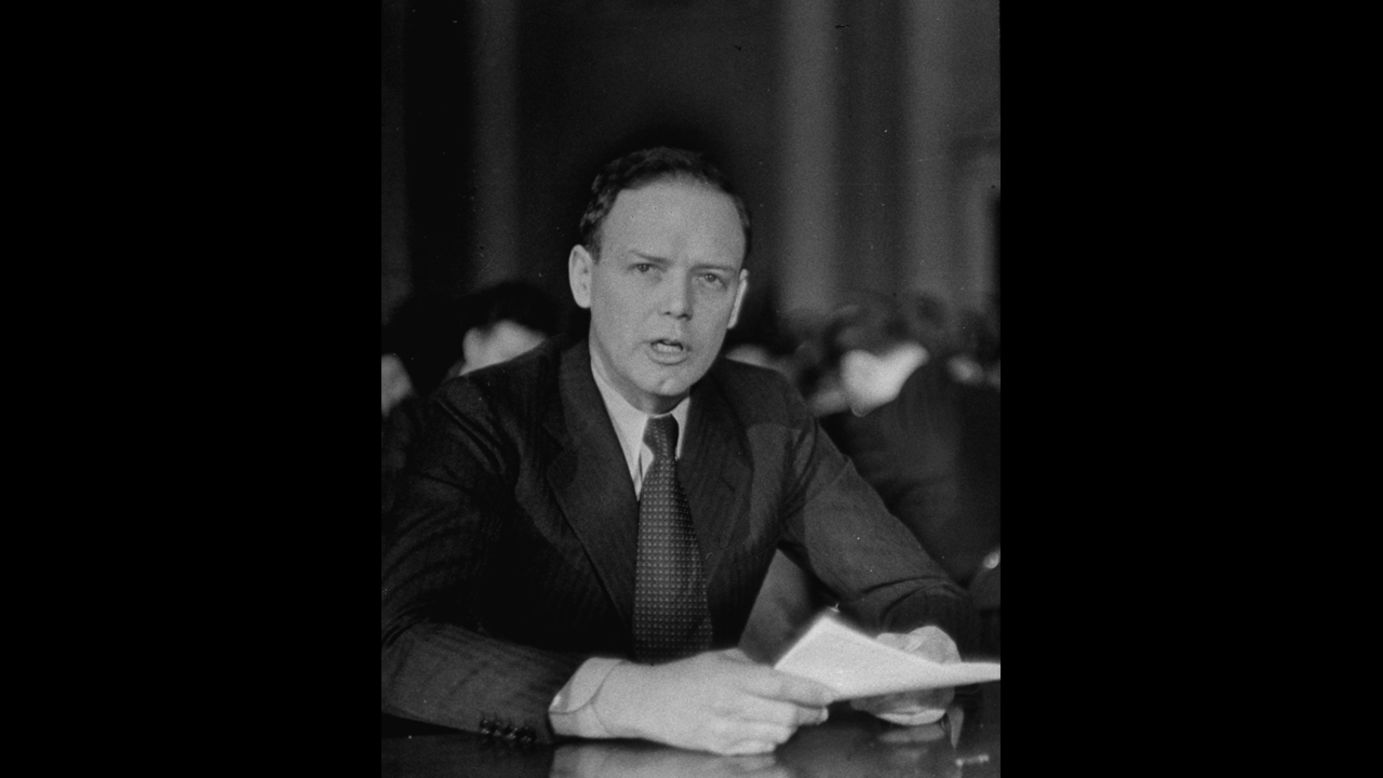 While in self-induced exile in Europe, legendary aviator Charles Lindbergh became an advocate for the prevention of World War II. In 1938, Lindbergh penned a secret memo to the British, stating that military response to Adolf Hitler's violation of the Munich Agreement would be "suicide." In 1941, he spoke on behalf of the isolationist America First Committee in Des Moines, Iowa, claiming that if the U.S. were to engage in war against Germany, victory would not be likely. Here, Lindbergh testifies before the House Foreign Affairs Committee in January 1941.