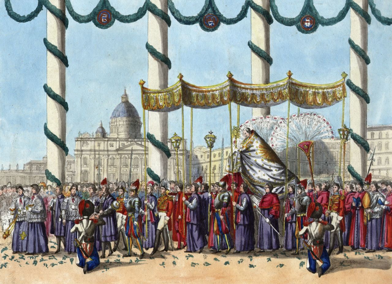 The pope is pictured being carried in the Corpus Domini procession around St. Peter's Square in about 1840.